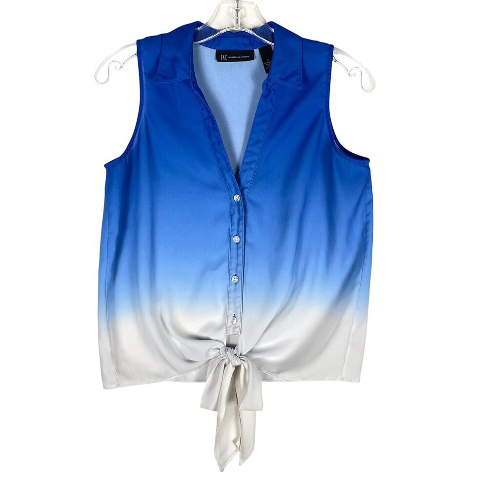 INC Ombre Tie Front Button Blouse 2 Blue White Sleeveless Coastal Beachy Boho